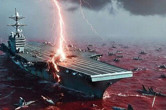 ABD savaş gemisine yıldırım düşerken, denizde büyük çatışma ve tehdit simgeleri.