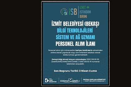 İzmit Belediyesi bilgi teknolojileri personel alımı, sistem ve ağ uzmanı ilanı.