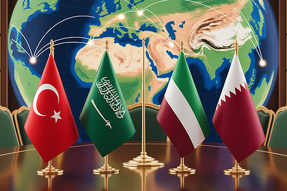 Ortadoğu ülkelerinin bayrakları dünya haritası önünde.