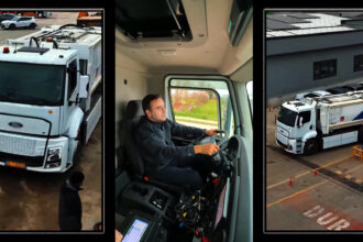 Elektrikli çöp kamyonu, çevre dostu atık toplama aracı, Mehmet Yasin Özlü direksiyon başında.