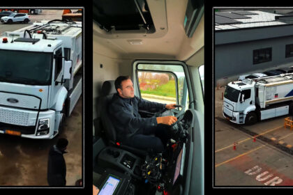 Elektrikli çöp kamyonu, çevre dostu atık toplama aracı, Mehmet Yasin Özlü direksiyon başında.