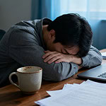 Yorgun ve stresli bir kişi, masasında uykuya dalmış halde, bilgisayar ve kahve ile.