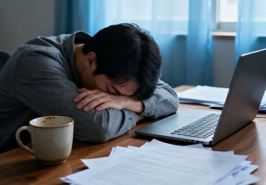 Yorgun ve stresli bir kişi, masasında uykuya dalmış halde, bilgisayar ve kahve ile.