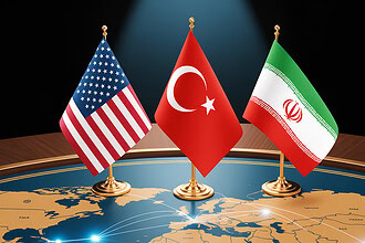 ABD, Türkiye ve İran bayrakları, bölgesel barış ve diplomasi teması.