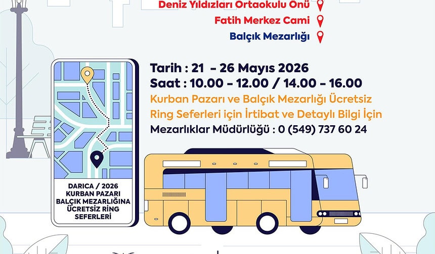 Darıca'da Bugünden İtibaren Mezarlık ve Kurban Pazarına Ücretsiz Seferler Başladı!