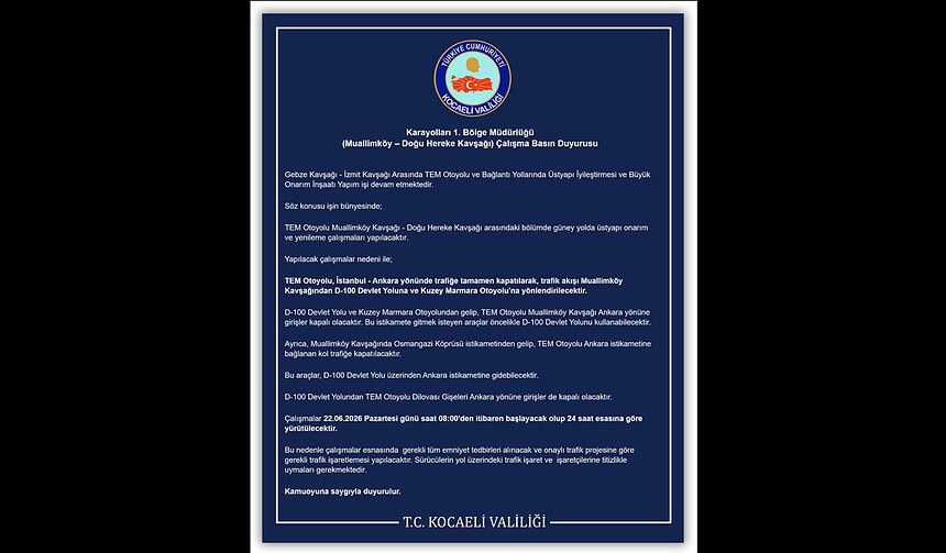 TEM Otoyolu Kocaeli Geçişi Tamamen Kapatılıyor! Muallimköy-Hereke Arası Yol Durumu ve Alternatif Rotalar!