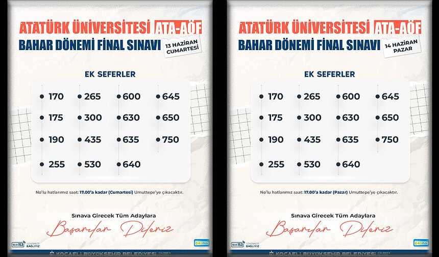 Kocaeli Büyükşehir Belediyesi'nden ATA-AÖF Sınavı İçin Umuttepe'ye 15 Ek Hat Desteği