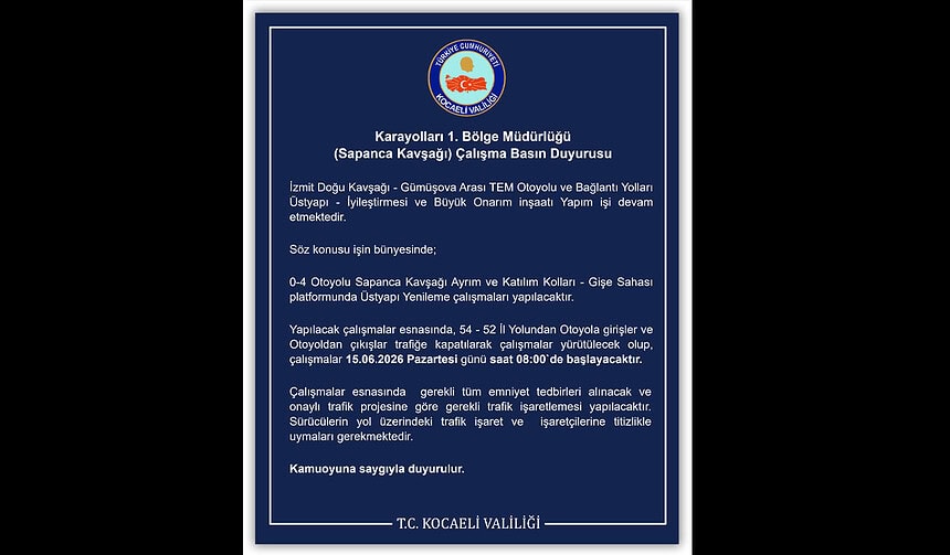 TEM Otoyolu Sapanca Kavşağı Trafiğe Kapatılıyor: Kocaeli Valiliği Yol Çalışması Detaylarını Açıkladı!