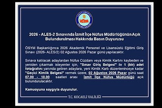 Kocaeli Valiliği Duyurdu: 2 Ağustos ALES Günü İzmit Nüfus Müdürlüğü Açık Olacak!