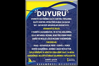 Karamürsel Belediyesi Otomotiv Sektöründe Kalite Kontrol Operatörü Arıyor: Toplu Görüşme 14 Ağustos'ta!