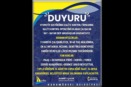 Karamürsel Belediyesi Otomotiv Sektöründe Kalite Kontrol Operatörü Arıyor: Toplu Görüşme 14 Ağustos'ta!