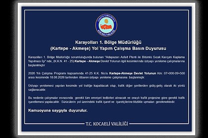 Sürücülerin Dikkatine! Kartepe - Akmeşe Devlet Yolu’nda 18 Ağustos İtibarıyla Ulaşım Çift Yönlü Sağlanacak!