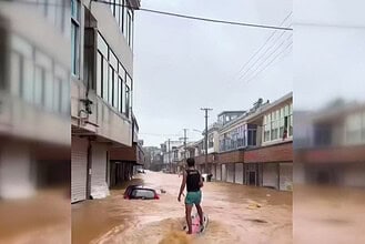 Çin’de Şiddetli Yağışlar Cadde ve Sokakları Göle Çevirdi: Sel Sularında Sörf Yaptılar!