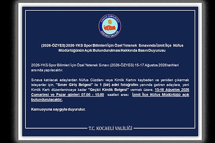2026-ÖZYES Sınavı İçin İzmit İlçe Nüfus Müdürlüğü Hafta Sonu Açık Olacak!