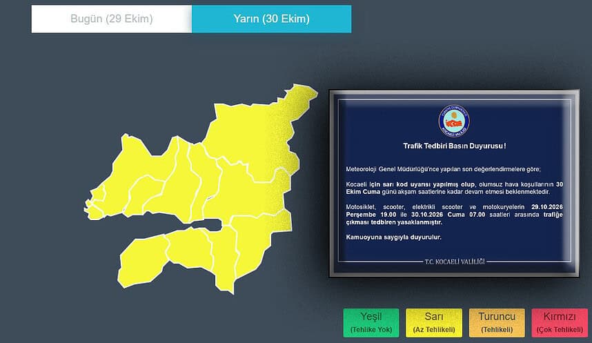 Kocaeli Valiliği'nden Sarı Kod Uyarısı: Motosiklet Ve Motokuryelere Trafik Yasağı!